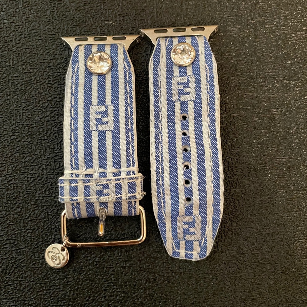 Upcycled Fendi blue pinstriped Apple Watch band size 1